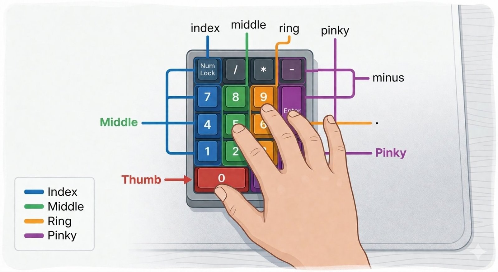 Numeric keypad layout and finger placement guide