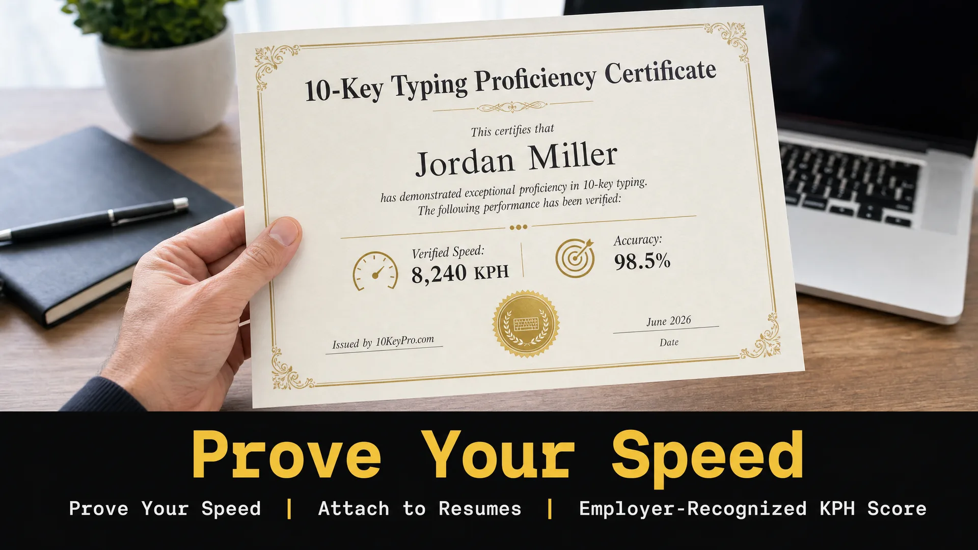10-key typing proficiency certificate — attach to resume