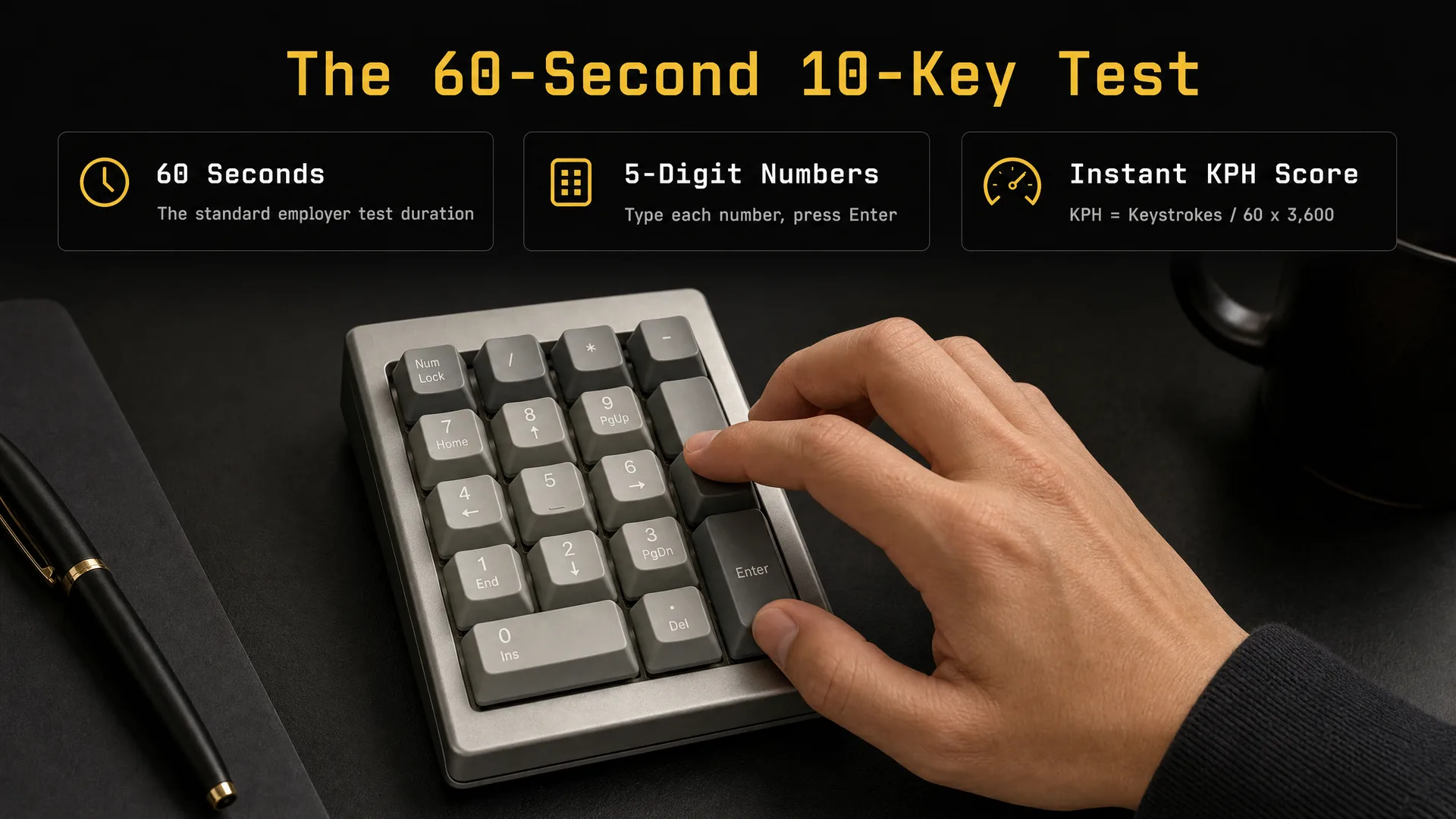 One-minute 10-key typing test overview — 60 seconds, instant KPH score
