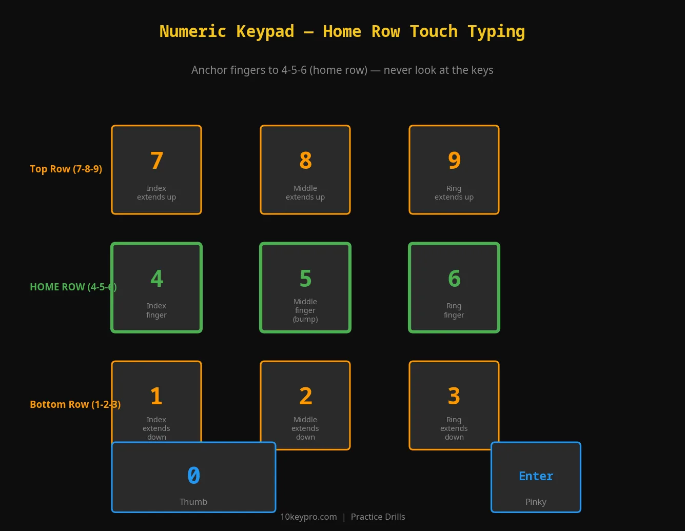 Numeric keypad finger placement guide for touch typing