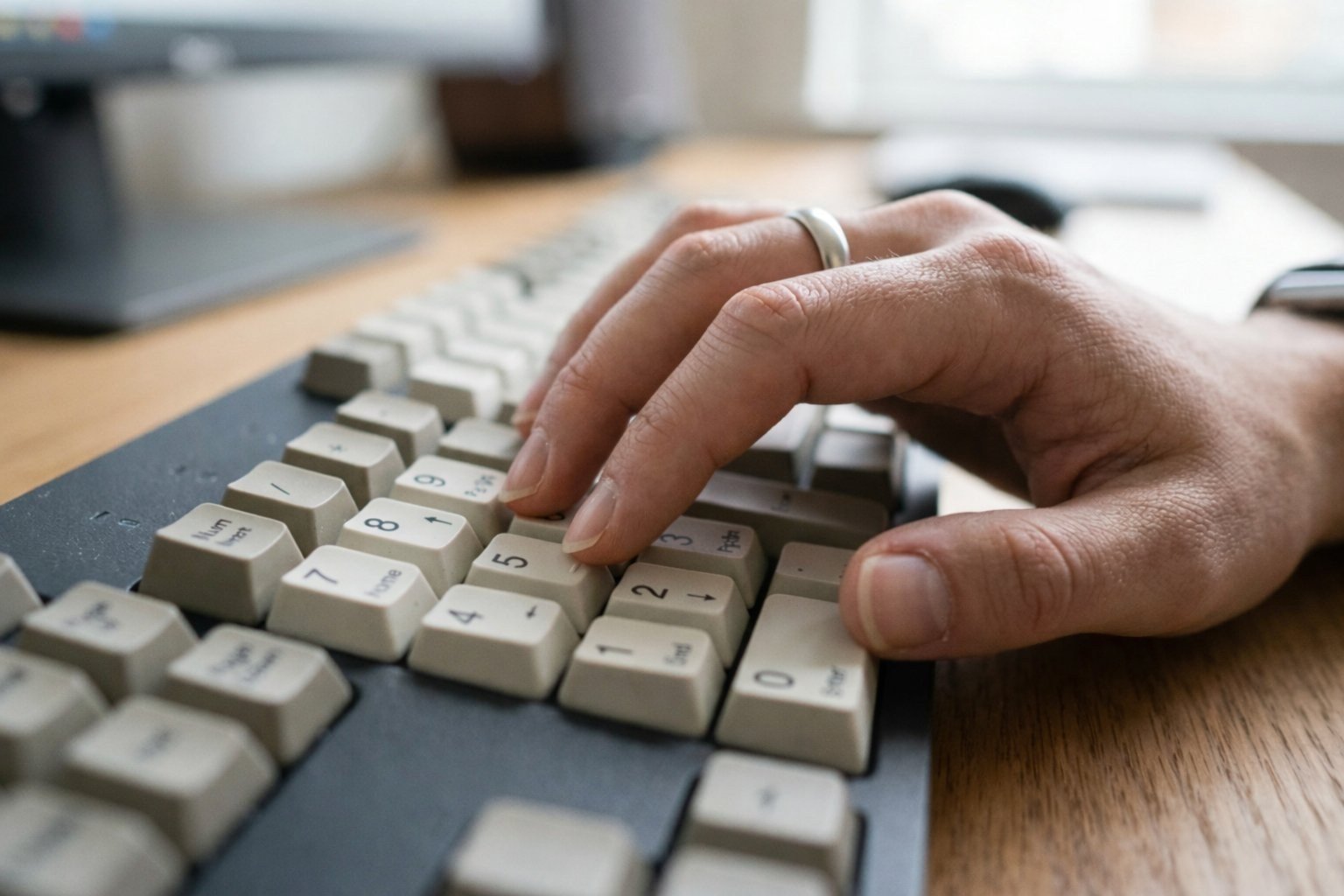 Proper hand position on professional 10-key typing machine